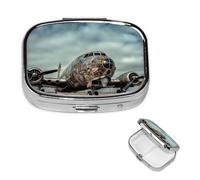 Airplane Art Square Metal Pill Box 2 Compartment Cute Travel Pill Organizer Case Portable Medicine Vitamin Organizer Pill Case for Women Men Travel Unique Gift