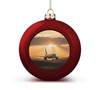 Airplane at Sunset Christmas Ball Ornaments - Shatterproof Plastic Vintage Rustic Xmas Tree Decorations Pendant for Family Holiday Wedding Party Xmas Hanging Decoration