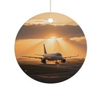 Airplane at Sunset Double-Sided Ceramic Christmas Ornaments - Round Hanging Mini Xmas Tree Decorations, Ideas for Farmers, Rustic Home Decor for Indoor Outdoor Tree Decor