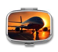 Airplane at Sunset Pill Box 2 Compartment, Portable Pill Case with Mirror for Pocket Purse Travel, Mini Metal Medicine Organizer for Vitamins Fish Oil