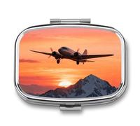 Airplane at Sunset Pill Box Travel Pill Organizer 2-Compartment with Mirror Design Portable Square Medicine Case for Vitamins, Jewelry & Essentials Durable Pocket Pillcase for Purse, Camping
