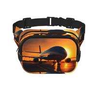 airplane at sunset Print Fashion Waist Packs Square Layer Waist Bag Black Belt Bag with Adjustable Strap, Black, One Size