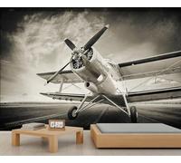 Airplane Backdrop Wall Murals Vintage Propeller Airplane Sepia Tone Wallpaper for Bedroom Living Room 250x175cm Home TV Sofa Background Wall Decor (Not Self-Adhesive)