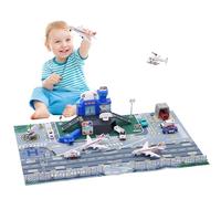 Airplane Car Toy Set for Toddler Airport Playmat with Helicopter, Truck, Plane, Sign, Fire Truck Parking Lot Toy Set with Traffic Sign, Road Accessory Transport Airplane Scene Play Mat for 3 4 5 6