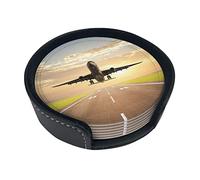 Airplane Coasters Set Of 6, Round Leather Drink Coaster With Holder For Various Cups, Tables, Home Decoration, 3.9 Inches