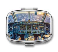 Airplane Cockpit and Sunrise Pill Box 2 Compartment Pill Case Portable Pocket Pill Organizer Medicine Vitamin Organizer for Men Women
