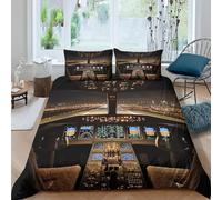 Airplane Cockpit Double Duvet Cover Set 3D Printed Aviation Theme Bedding Set Ultra Soft Microfiber Quilt Cover 200x200 cm for Double Bed with 2 Pillowcases with Zipper G/1882