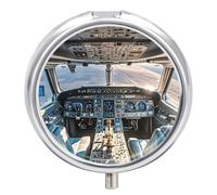 Airplane Cockpit Pill Box 3 Compartment Small Pill Case for Purse Or Pocket Mini Metal Pillcase Medicine Organizer, Round Daily Medicine Container to Hold Vitamins, Fish Oil