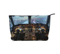 Airplane Cockpit Printed Corduroy Makeup Bag for Women Cute Make up Bag Travel Cosmetic Bag with Wristlet