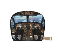 Airplane Cockpit Printed Leather Half Circle Card Wallet Zipper Card Case Holder, Compact Stylish for Men and Women