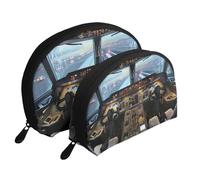Airplane Cockpit Printed Makeup Bags 2-Piece Portable Shell Travel Toiletry Bag Cosmetic Organizer Bag for Women