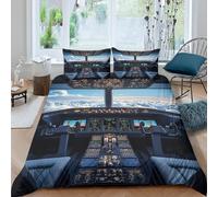 Airplane Cockpit Single Duvet Cover Set Aviation Theme Bedding Set 3D Print Soft Microfiber Quilt Covers 155x200 cm with Zipper Closure and 2 Pillowcases 50x75 cm for Teens L.1136