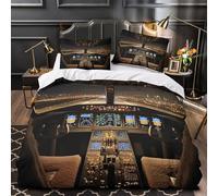 Airplane cockpit view 3D Printed 3-Piece Comforter Cover Night flight simulator style Bed Cover Set Hypoallergenic Dust Mite Resist Microfiber Concealed Zipper for Kids Teens Women Men (135x200cm)