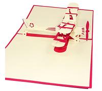 Airplane Design 3D Pop Up Card Greeting Card Birthday Card Plane Card Retro Biplane Gift Vintage Aeroplane Gift Pilot Gift (Red)