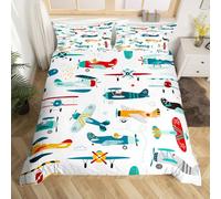 Airplane Duvet Cover Set for Kids Toddler Cartoon Aircraft Bedding Set Cute Baby Boys Girls Gifts Comforter Cover with 2 Pillow Shams Junior/Cot Bed Size Child Quilt Cover