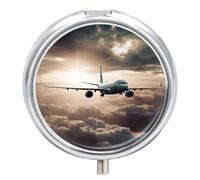 Airplane Flying in The Air Pill Box 3-Compartment Travel Pill Organizer Portable Round Medicine Case with Mirror Design for Vitamins, Jewelry & Essentials Durable Pocket Pillbox for Purse, Camping