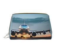 Airplane in The Evening Light Leather Hand-Held Zipper Makeup Bag Pen Case Stationery Box Lipstick Pouch Toiletry Bag