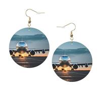 Airplane In The Evening Light Leather Round Earrings Daily Accessories Working At Work Women'S Fashion