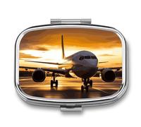 Airplane in The Evening Light Pill Box 2 Compartment, Portable Pill Case with Mirror for Pocket Purse Travel, Mini Metal Medicine Organizer for Vitamins Fish Oil