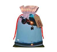 Airplane In The Evening Lights Print Christmas Bag Holiday Present Sack Xmas For Seasonal Decor Gift Wrapping