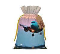 Airplane in The Evening Lights Print Drawstring linen gifts bag for Christmas Party,holiday packaging presents bags.