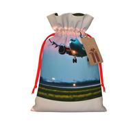 Airplane In The Evening Lights Print Drawstring Present Bag,Reusable Fabric Sack With Kraft Paper Hang Tag