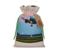 Airplane In The Evening Lights Print Drawstring Present Bag,Reusable Fabric Sack With Kraft Paper Hang Tag