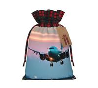 Airplane In The Evening Lights Print Festive Christmas Drawstring Gift Bags For Xmas Decorative Present Wrapping Needs