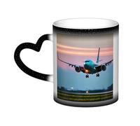 Airplane in The Evening Lights Print Mystical Color Changing Mug, Black to White Thermal Mug for Coffee Tea Home Office