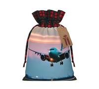 Airplane In The Evening Lights Printing Color Matching Plaid Christmas Bag With Drawstring For Christmas Birthdays Party,4.7x6.9 Inch