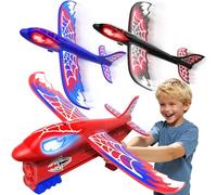 Airplane Launcher Toys for 4 5 6 7 8 Year Old Boys, 3 Pack LED Flying Glider Planes w Glowing Eyes & Web Wings, S-pider Kids Outdoor Toys for Garden Boy Toy Age 3-12 Birthday Easter Gifts Outdoor Game