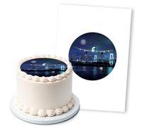 Airplane Over City At Night, 1 Icing Sheet 5" Round Cake Topper