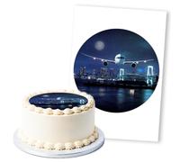 Airplane Over City At Night, 1 Icing Sheet 8" Round Cake Topper
