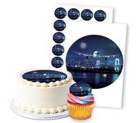 Airplane Over City At Night, 1 Round 8" & 24 2" Edible Toppers Set