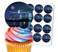 Airplane Over City At Night, 12 Edible Paper 2.5" Cupcake Toppers