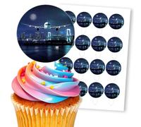 Airplane Over City At Night, 16 Wafer Cupcake Stand-Up Toppers