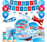 Airplane Party Supplies,Severs16 Airplane Birthday Party Decorations & Plane Party Tableware Set Dinner Plates Cups Banners etc,for Plane Theme Baby Shower Supplies