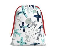 Airplane Print Christmas Drawstring Gift Bags, Xmas Holiday Fabric Gift Wrapping Bag For Party, Size-L