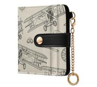 Airplane Retro Beige Pattern Small Women Wallet Bifold RFID Blocking Leather Compact Card Holder with Zipper Coin Pocket Purse for Ladies Girls Women