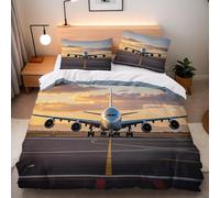 Airplane Runway Single Duvet Cover Sets 3D Printed Sunset Scenery Bedding Set Soft Brushed Microfiber Quilt Cover 135x200 cm with Zipper Closure for Teens and Adults with 2 Pillowcases y.85