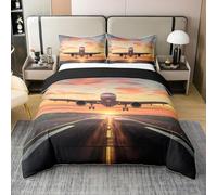 Airplane Single Duvet Cover Set Sunset Landscape Bedding Soft Breathable Microfiber 3D Quilt Covers 150 x 200 cm with Zipper Closure and 2 Pillowcases b-2774