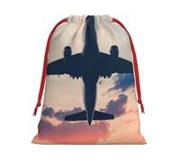 Airplane Sunset Sky Print Christmas Drawstring Gift Bags, Xmas Holiday Fabric Gift Wrapping Bag For Party, Size-L