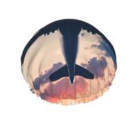 Airplane Sunset Sky Print Shower Cap, Lined Shower Cap For Women Reusable, Double Layer Waterproof Bath Cap