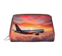 Airplane Sunsets Sky Leather Hand-Held Zipper Makeup Bag Pen Case Stationery Box Lipstick Pouch Toiletry Bag