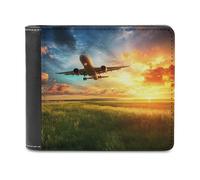 Airplane Taking Off from The Airport Slim Wallet Bifold Credit Card Holder Case PU Pouch Purse for Men Women
