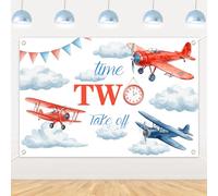 Airplane Theme 2nd Birthday Backdrop Aviation Themed Plane Takes Off Background Banner Retro Aircraft Plane Clouds Photography Background for Girls Boys Second Bday Party Supplies 5 * 3ft