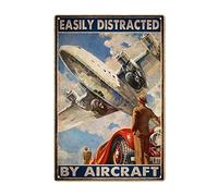Airplane Tin Sign, Retro Metal Poster, Vintage Sign Wall Art Plaque -Easily Distracted By Airplanes, Front Wall Decoration For Bars, Homes, Garages, Men'S Caves, 8x12 Inch