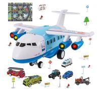 Airplane Toy with Unique Spray Effect, Lights & Music, 16.7'' Big Transport Cargo Airplane Toy with 6 Construction Vehicle Trucks, Friction Powered Wheel, Fun Plane Car Play Set for Boys Ages 3+