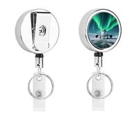 Airplane Under The Polar Night Sky Badge Reel Retractable Stainless Steel Badge Clip with Lanyard Cute Badges Reel Holder Heavy-Duty Nurse Doctor Name Tag Badges Clip for Work