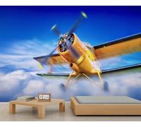 Airplane Wallpapers Colorful Wall Mural Wallpaper Yellow Old Biplane Wallpaper Girls Room Blue Sky and White Clouds Wall Paper for Girls Bedroom Living Room Mural Poster 450X300cm